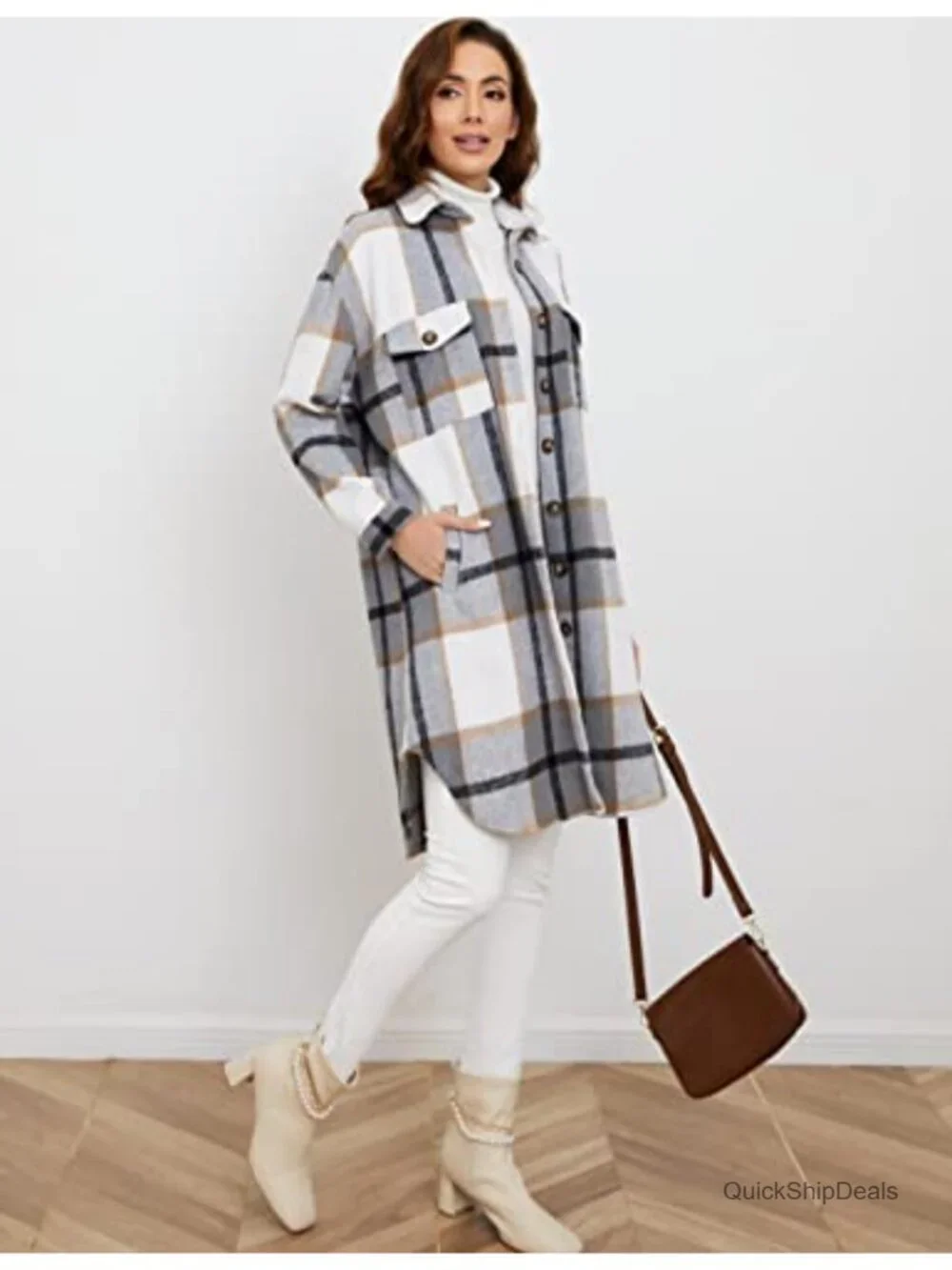 Womens Plaid Shacket Brushed Flannel Shirt Jacket, Wool Blend Tartan Coat,